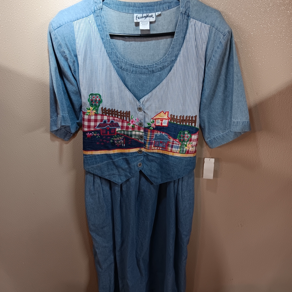 Friday Wear Size 14 Blue Denim Country Embroidered Dress